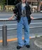 LINENNE－heart button denim (medium blue)：愛心刺繡中藍牛仔褲F size