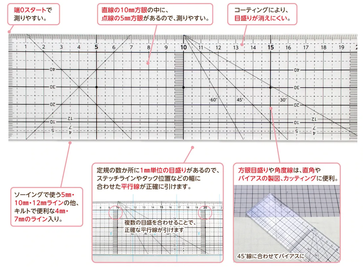 Kawaguchi 裁切用方眼定規尺60cm