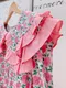 櫻粉花朵 荷葉拼接翻領洋裝