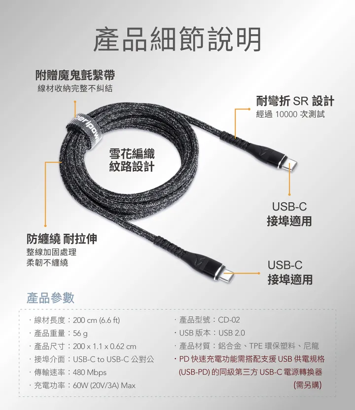 CD-02 精研編織系列 USB-C to USB-C PD 快充傳輸線-鐵礦黑 ( Type-C to Type-C / 200 cm)