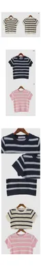 A little b －toast stripe knit：短袖合身針織衫（奶油白