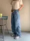 LINENNE－flower strap denim (medium blue)：印刷花朵寬牛仔褲