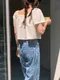LINENNE－flower strap denim (medium blue)：印刷花朵寬牛仔褲