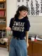 LINENNE－sweet crop half knit (3color)：撞色文字短袖針織上衣