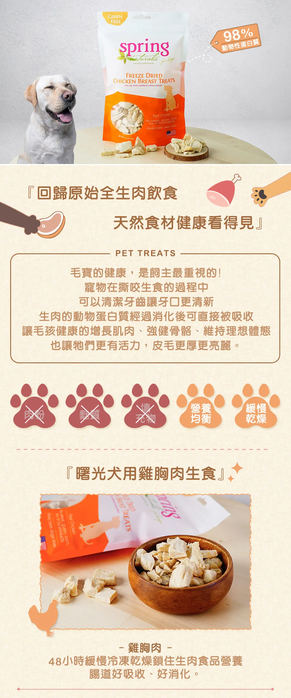 美國曙光spring 冷凍乾燥生食犬用點心 雞胸肉60克