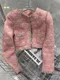 YY35小香風粉紅條紋羊毛呢編織外套