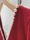立體珍珠滾邊 桃心領絲絨洋裝＿（2色：紅）（S/M）