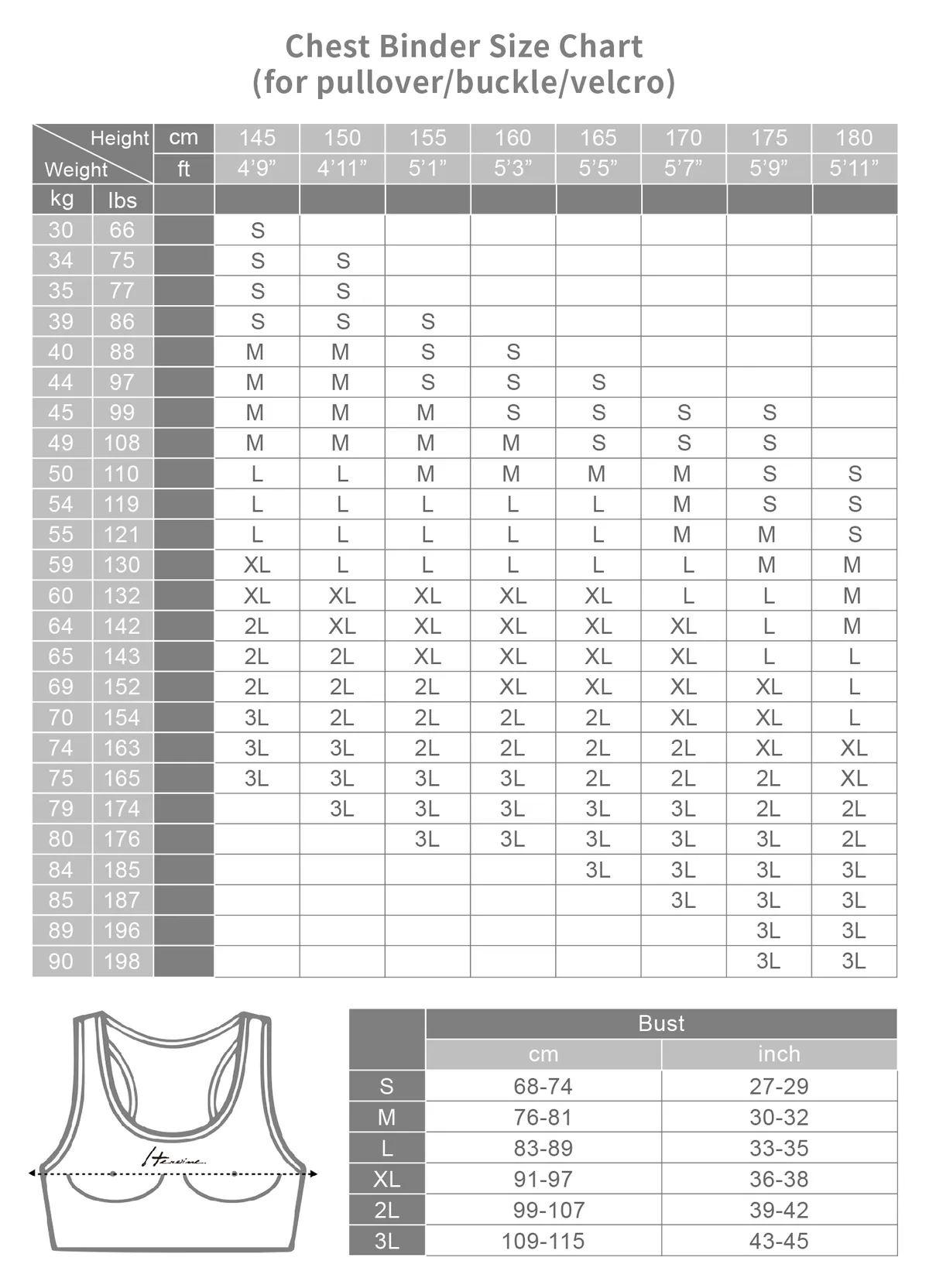 chest binder size chart