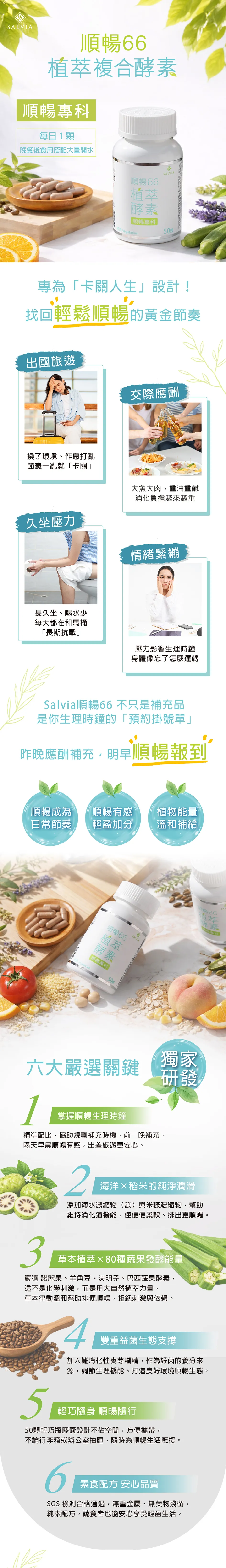 順萃複合酵素順暢專科每日1晚餐後食用搭配大量開水SALVIA順暢植萃酵素順暢專科50顆專為「卡關人生」設計!找回輕鬆順暢的黃金節奏出國旅遊交際應酬換了環境、作息打亂節奏一亂就「卡關」大魚大肉、重油重鹹消化負擔越來越重久坐壓力情緒緊繃長久坐、喝水少每天都在和馬桶「長期抗戰」壓力影響生理時鐘身體像忘了怎麼運轉Salvia順暢66不只是補充品是你生理時鐘的「預約掛號單」昨晚應酬補充,明早順暢報到順暢成為順暢有感植物能量日常節奏輕盈加分溫和補給順暢66酵素【順暢專科SALVIA50暢66植萃酵素六大嚴選關鍵獨家研發1掌握順暢生理時鐘精準配比,協助規劃補充時機,前一晚補充,隔天早晨順暢有感,出差旅遊更安心。2海洋稻米的純淨潤滑添加海水濃縮物()與米糠濃縮物,幫助維持消化道機能,使柔軟、排出更順暢。3草本植萃×80種蔬果發酵能量嚴選 諾麗果、羊角豆、決明子、巴西蔬果酵素,這不是化學刺激,而是用大自然植萃力量,草本律動溫和幫助排便順暢,拒絕刺激與依賴。54雙重益菌生態支撐加入難消化性麥芽糊精,作為好菌的養分來源,調節生理機能、打造良好環境順暢生態。輕巧隨身 順暢隨行50顆輕巧瓶膠囊設計不佔空間,方便攜帶,不論行李箱或辦公室抽屜,隨時為順暢生活應援。6素食配方 安心品質SGS檢測合格通過,無重金屬、無藥物殘留,純素配方,蔬食者也能安心享受輕盈生活。