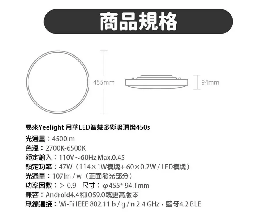 易來Yeelight 月華LED智慧彩光吸頂燈450(YLXD027)