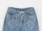 LINENNE－flower strap denim (medium blue)：印刷花朵寬牛仔褲