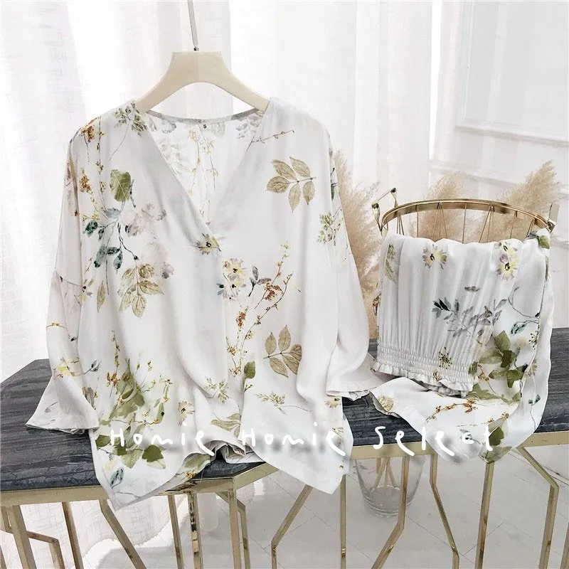 法式風情碎花夏日棉綢套裝家居服