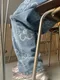 LINENNE－flower strap denim (medium blue)：印刷花朵寬牛仔褲