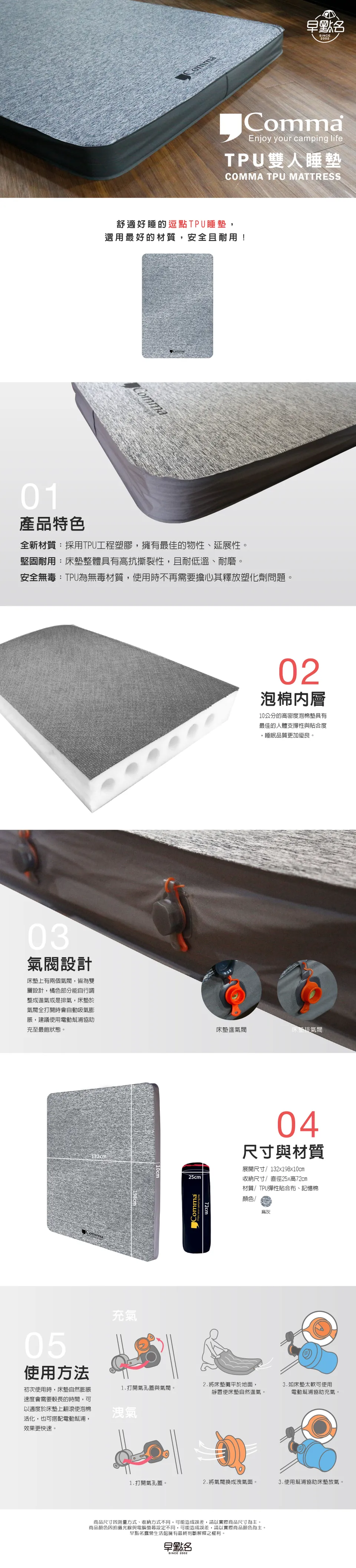 【逗點Comma】TPU 3D 高密度記憶泡棉床墊－灰色－逗點雙人床L號