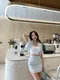 ✈淺嚐一口奶霜-韓國短版小香珍珠上衣+包臀短裙 套裝