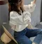 【預購】正韓 法式優雅開V領袖雕花蕾絲拼接棉質上衣