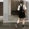 LINENNE －french half overall (black)：黑色牛仔吊帶短褲