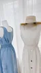 韓版西裝材質鬆緊排釦長裙套裝-杏/藍