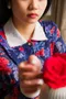 日本製寶藍底花卉蕾絲翻領洋裝