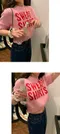 LINENNE－sweet crop half knit (3color)：撞色文字短袖針織上衣