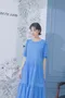 刺繡雕花 純色布蕾絲寬袖洋裝＿(2色:藍)