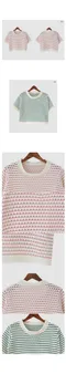 A little b － ollie punching knit 簍空條紋短袖針織衫：2 color